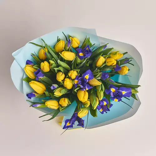 Product image Bouquet 707 Yellow Tulips and Irises, packaging: Blue, vendor code: 2601