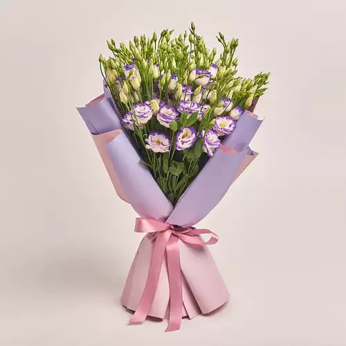 Product image Bouquet of 15 White-Violet Eustomas, packaging: Gradiens violet, vendor code: 2631