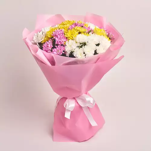 Product image Bouquet of 15 Chrysanthemums Mix, packaging: Pink, vendor code: 2673