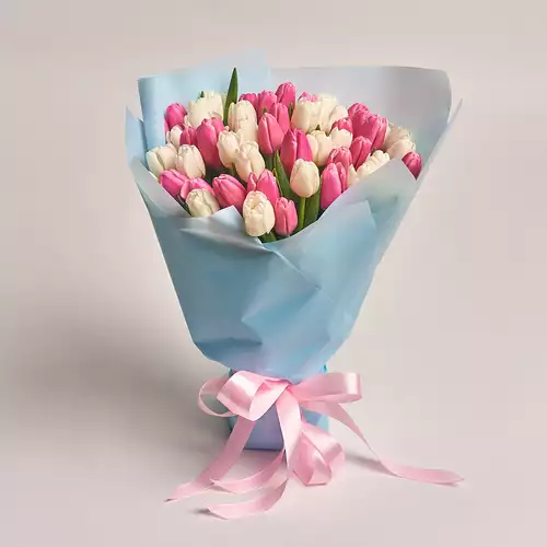 Product image Bouquet 51 Pink and White Tulip, packaging: Blue, vendor code: 2674