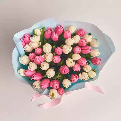 Product image Bouquet 51 Pink and White Tulip, packaging: Blue, vendor code: 2674
