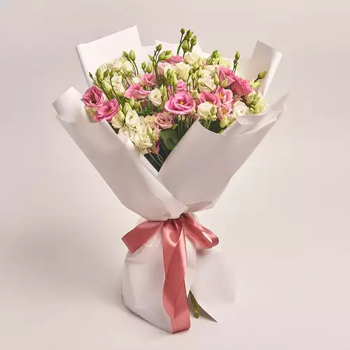 Product image Bouquet of 15 White and Pink Eustoma Mix, packaging: White, vendor code: 2693