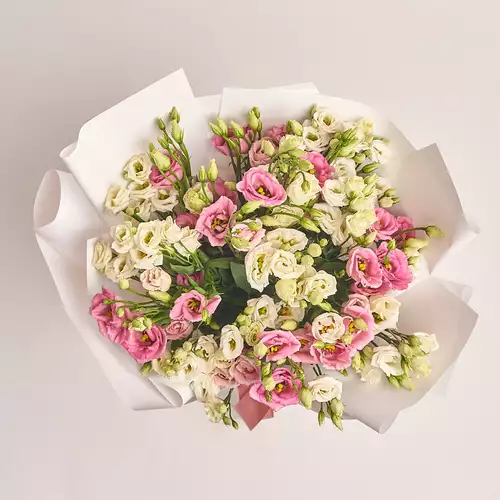 Product image Bouquet of 15 White and Pink Eustoma Mix, packaging: White, vendor code: 2693
