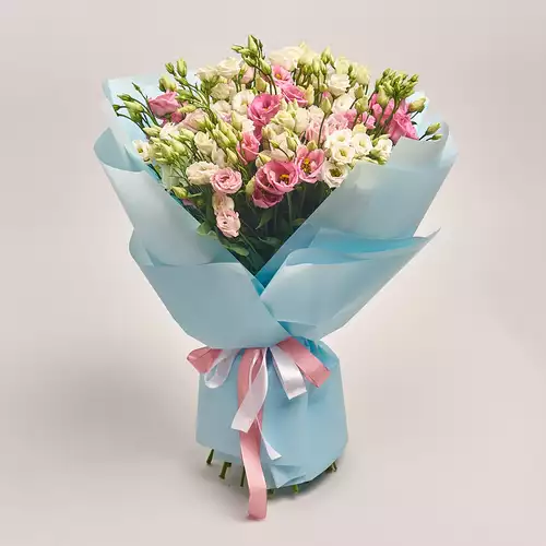 Product image Bouquet of 25 White and Pink Eustoma Mix, packaging: Blue, vendor code: 2694