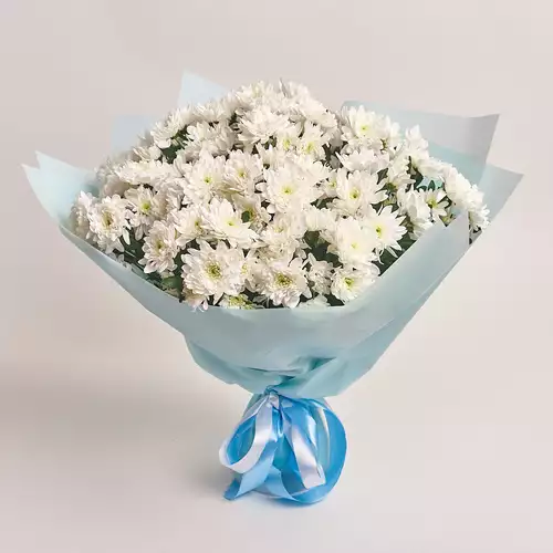 Product image Bouquet of 15 White Chrysanthemums, packaging: Blue, vendor code: 2728