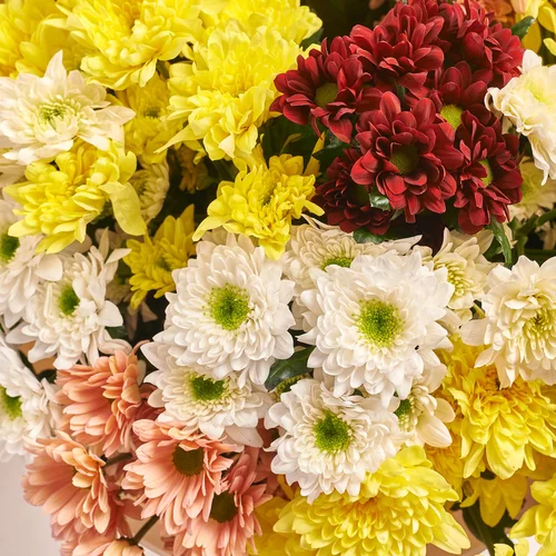 Product image Bouquet of 25 Bright Chrysanthemums Mix, packaging: Peach, vendor code: 2733