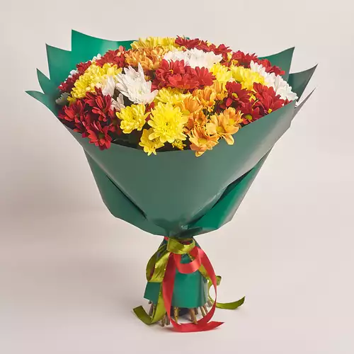 Product image Bouquet of 25 Bright Chrysanthemums Mix, packaging: Green, vendor code: 2733