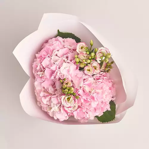 Product image Bouquet of 3 Pink Hydrangeas and Eustoma, packaging: White, vendor code: 2740