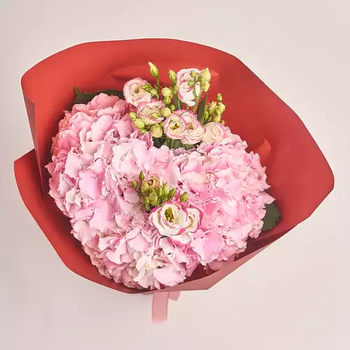 Product image Bouquet of 3 Pink Hydrangeas and Eustoma, packaging: Red, vendor code: 2740