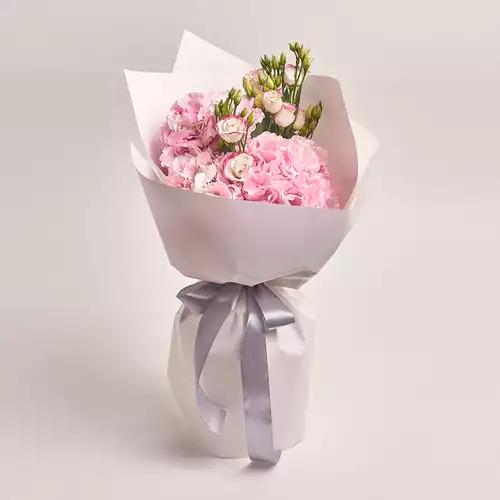 Product image Bouquet of 3 Pink Hydrangeas and Eustoma, packaging: White, vendor code: 2740