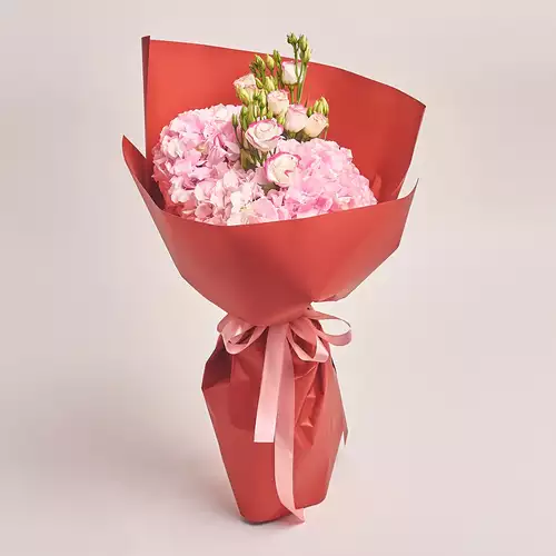 Product image Bouquet of 3 Pink Hydrangeas and Eustoma, packaging: Red, vendor code: 2740