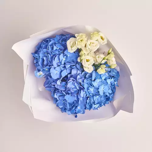 Product image Bouquet 3 Blue Hydrangeas and Eustoma, packaging: White, vendor code: 2745