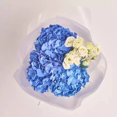 Product image Bouquet 3 Blue Hydrangeas and Eustoma, packaging: Transparent, vendor code: 2745
