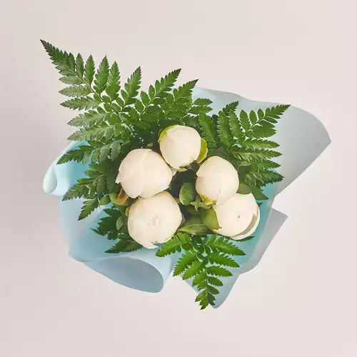 Product image Bouquet of 5 White Peonies, packaging: Blue, vendor code: 2748