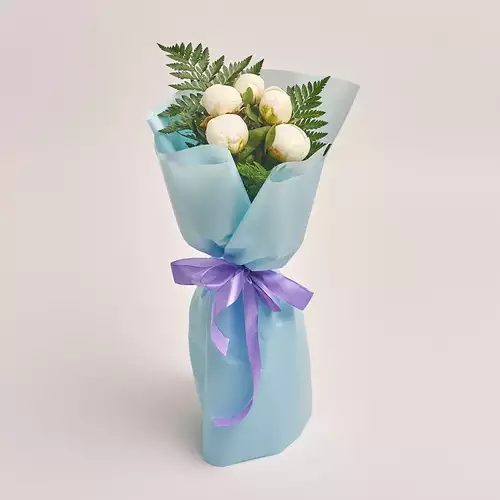 Product image Bouquet of 5 White Peonies, packaging: Blue, vendor code: 2748