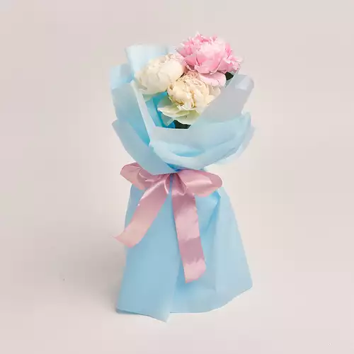 Product image Bouquet of 3 White and Pink Peonies Mix, packaging: Blue, vendor code: 2756