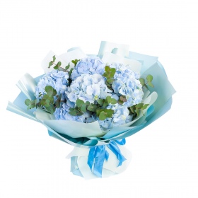 Bouquet of 7 Blue Hydrangeas and Eucalyptus 