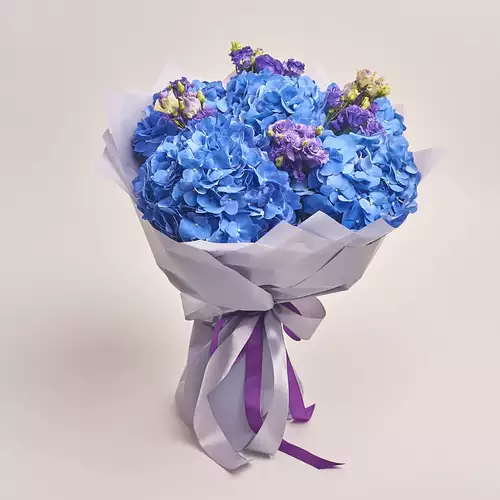 Product image Bouquet of 5 Blue Hydrangeas and Violet Eustoma, packaging: Gray, vendor code: 2769