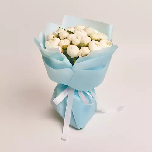 Product image Bouquet of 25 White Peonies, packaging: Blue, vendor code: 2776