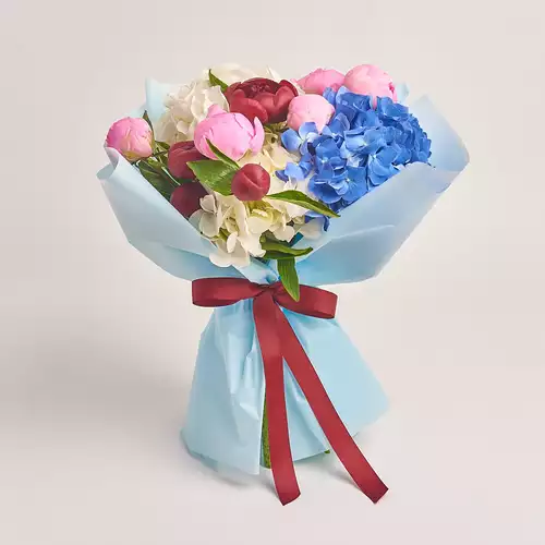 Product image Bouquet of 3 Hydrangeas and 9 Peonies, packaging: Blue, vendor code: 2777