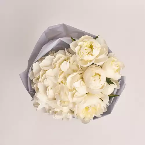 Product image Bouquet of 5 White Peonies and Hydrangea, packaging: Gray, vendor code: 2780