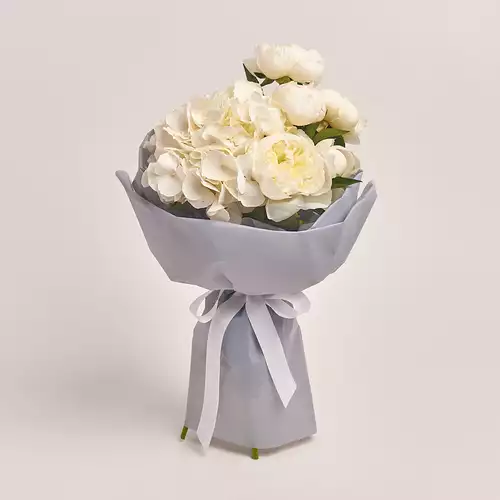 Product image Bouquet of 5 White Peonies and Hydrangea, packaging: Gray, vendor code: 2780