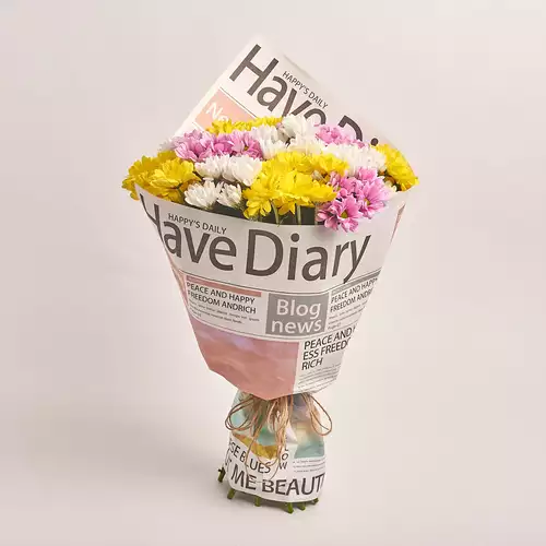 Product image Bouquet of 15 Chrysanthemums Daisies Mix, packaging: Newspaper, vendor code: 2791