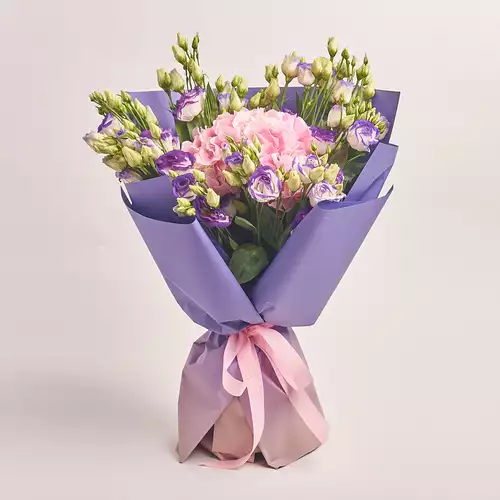 Product image Bouquet Eustoma and Pink Hydrangea, packaging: Gradiens violet, vendor code: 2796