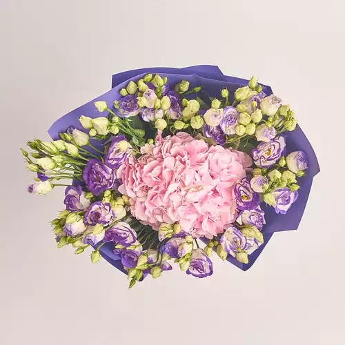 Product image Bouquet Eustoma and Pink Hydrangea, packaging: Gradiens violet, vendor code: 2796