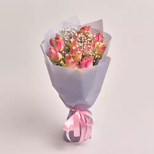 Product image Bouquet of 11 Roses Bellevue and Gypsophila, packaging: Gray, vendor code: 2872