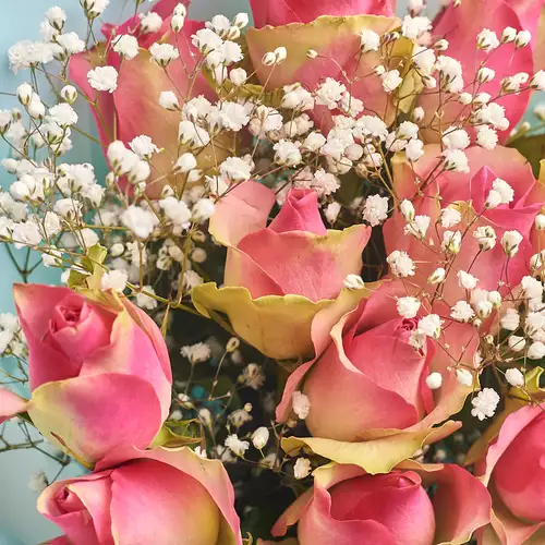 Product image Bouquet of 11 Roses Bellevue and Gypsophila, packaging: Gray, vendor code: 2872