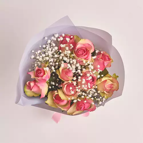 Product image Bouquet of 11 Roses Bellevue and Gypsophila, packaging: Gray, vendor code: 2872
