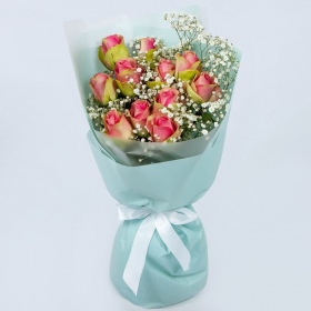 Bouquet of 11 Roses Bellevue and Gypsophila 