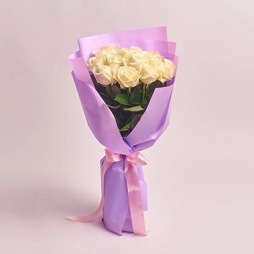 Product image Bouquet of 15 White Roses, packaging: Purple, vendor code: 2875