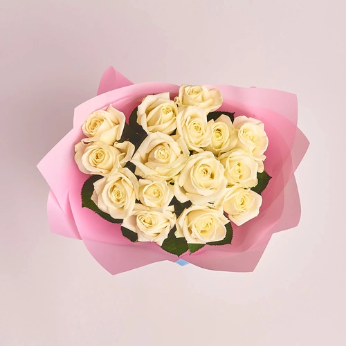 Product image Bouquet of 15 White Roses, packaging: Pink, vendor code: 2875