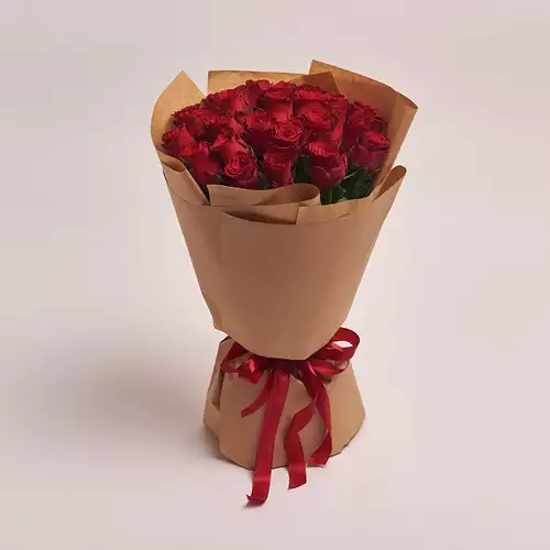 Изображение товара Букет 25 Красных роз Родос, упаковка: Крафт, артикул: 2957