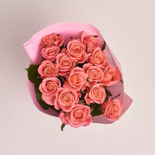 Product image Bouquet of 15 Coral Roses, packaging: Pink, vendor code: 2952