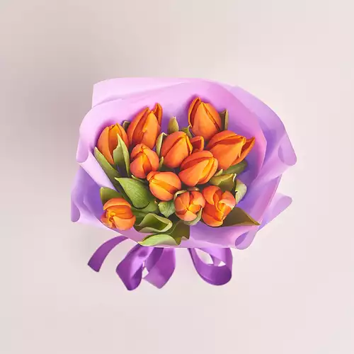 Product image Bouquet of 11 Orange tulips, packaging: Purple, vendor code: 2971