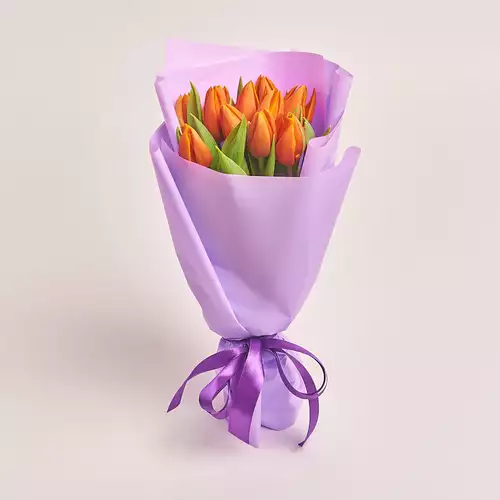 Product image Bouquet of 11 Orange tulips, packaging: Purple, vendor code: 2971