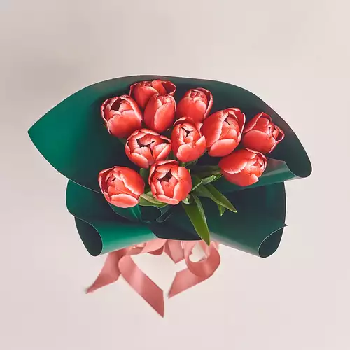 Product image Bouquet of 11 Red-white Tulips, packaging: Green, vendor code: 2973