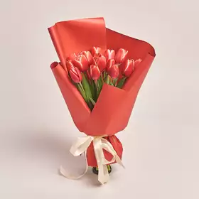Букет 15 Красно-белых тюльпанов