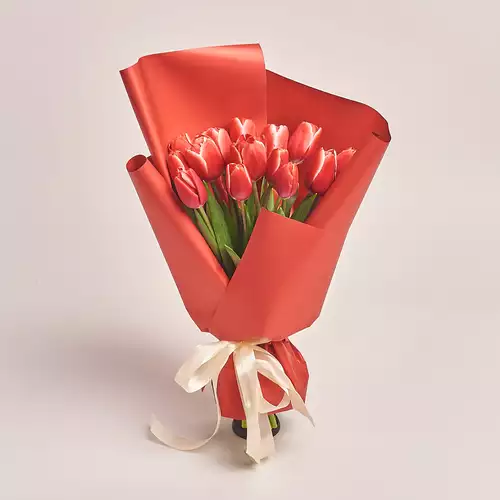 Product image Bouquet of 15 Red-white Tulips, packaging: Red, vendor code: 2974