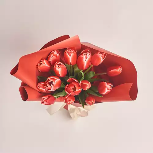 Product image Bouquet of 15 Red-white Tulips, packaging: Red, vendor code: 2974