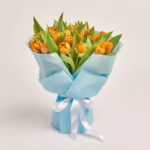 Product image Bouquet of 25 Orange Tulips, packaging: Blue, vendor code: 2989