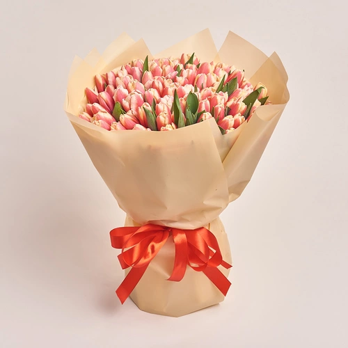 Product image Bouquet of 101 Rose-white Tulips, packaging: Peach, vendor code: 2992