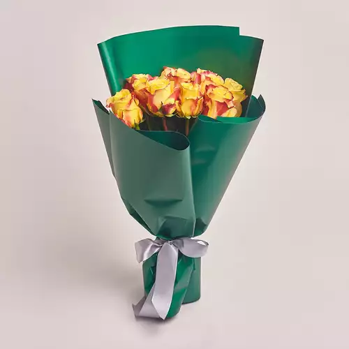 Product image Bouquet of 11 Yellow-red roses, packaging: Green, vendor code: 2995