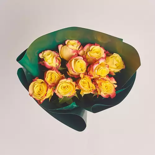 Product image Bouquet of 11 Yellow-red roses, packaging: Green, vendor code: 2995