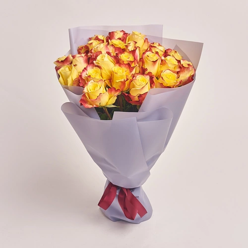 Product image Bouquet 25 Yellow-red roses, packaging: Gray, vendor code: 2996