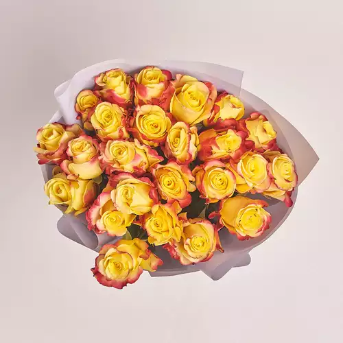 Product image Bouquet 25 Yellow-red roses, packaging: Gray, vendor code: 2996