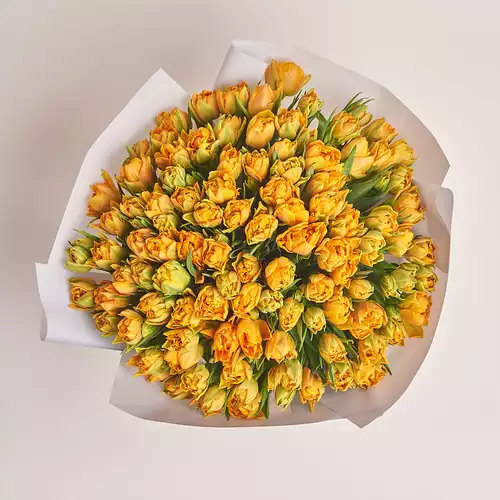 Product image Bouquet 101 Orange peony tulip, packaging: Gray, vendor code: 3006